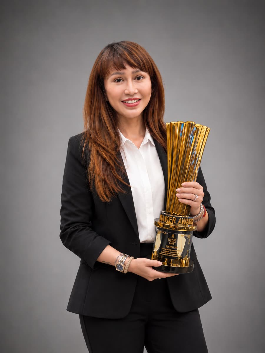 Nur Prabandari, Direktur LPK Higlob, bersama piala NAKER Award 2025